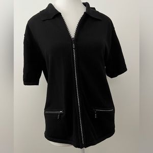 Vintage Lisa International Black Rhinestone Short Sleeve Zipper Sweater Size M